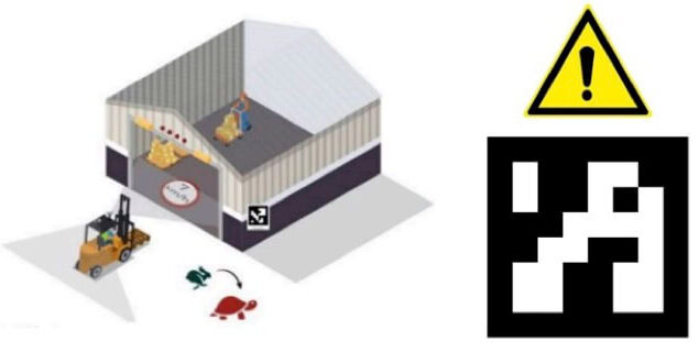 Animal quarantine area with a forklift, animals, and biosecurity warning sign.